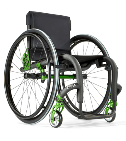 Ki Mobility Rogue XP Everyday rigid wheelchair with black seat and green accents.
