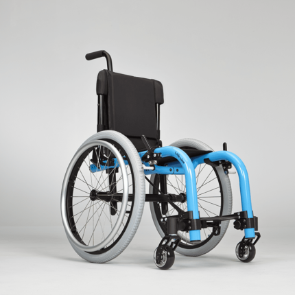 Ki Mobility Little Wave XP paediatric wheelchair with a blue frame and grey wheels.