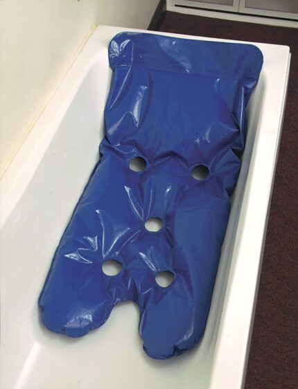 Blue Harperbury bath mattress designed for use in a bathtub with multiple drainage holes.