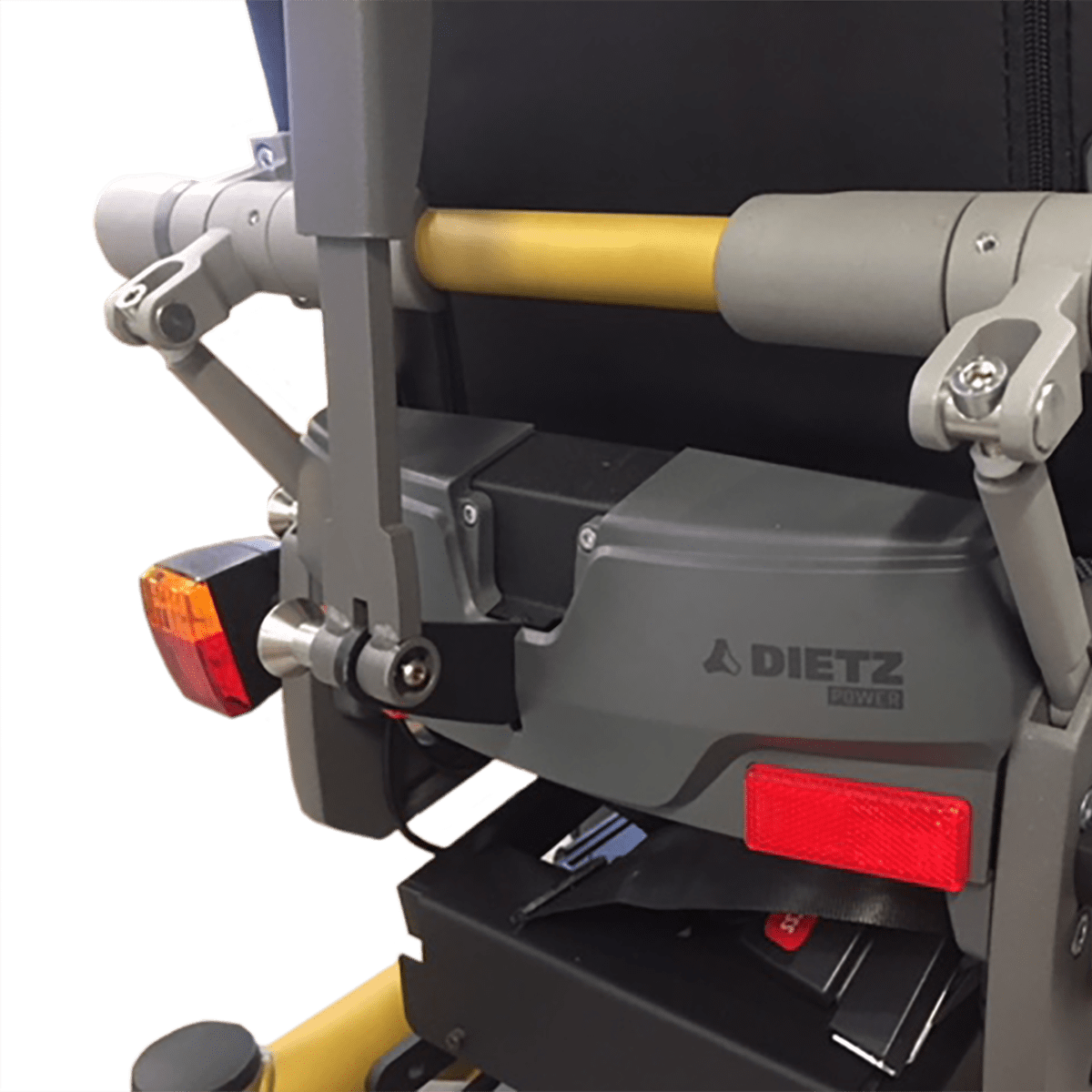 Dietz Rehab SEGO Comfort Seating System for Dietz Powered Wheelchairs 13 Younique Healthcare | Wheelchairs, Powerchairs, Ramps, Healthcare, Rehab, Mobility, Scooters in the West Midlands | 0121 630 3850 Folding backrest mechanism of a Dietz mobility device with adjustment features.