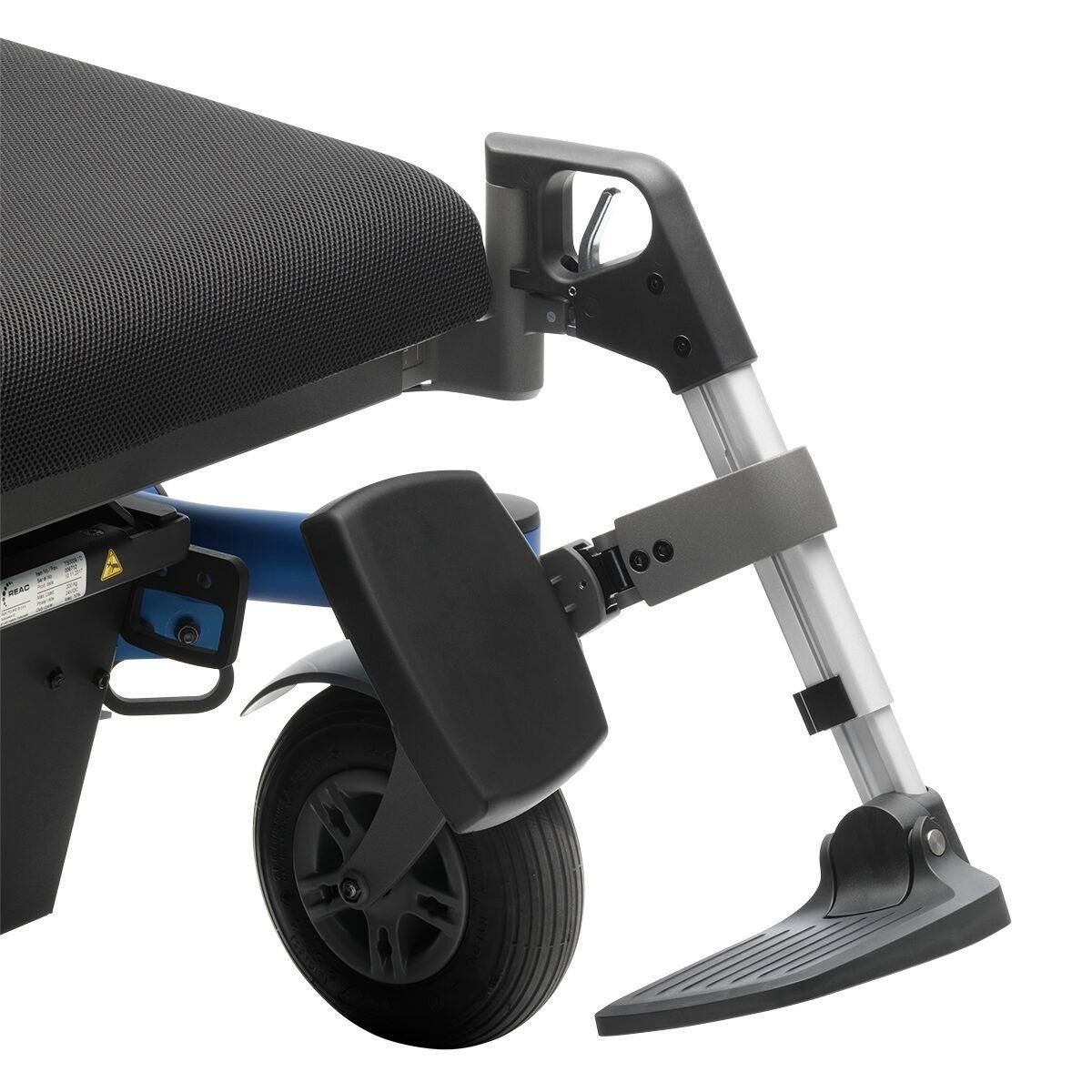 Dietz Rehab SEGO Comfort Seating System for Dietz Powered Wheelchairs 19 Younique Healthcare | Wheelchairs, Powerchairs, Ramps, Healthcare, Rehab, Mobility, Scooters in the West Midlands | 0121 630 3850 Standard footrest with a PU calf plate attached to a wheelchair frame.