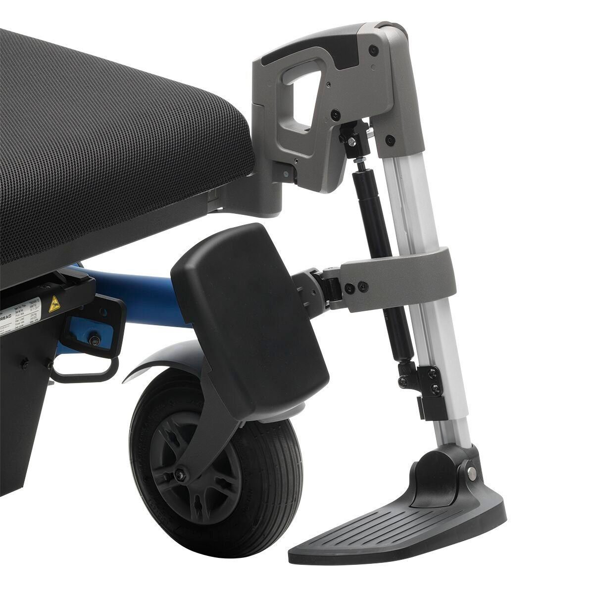 Dietz Rehab SEGO Comfort Seating System for Dietz Powered Wheelchairs 20 Younique Healthcare | Wheelchairs, Powerchairs, Ramps, Healthcare, Rehab, Mobility, Scooters in the West Midlands | 0121 630 3850 Angle adjustable leg rest attached to a wheelchair with a black seat and grey frame.