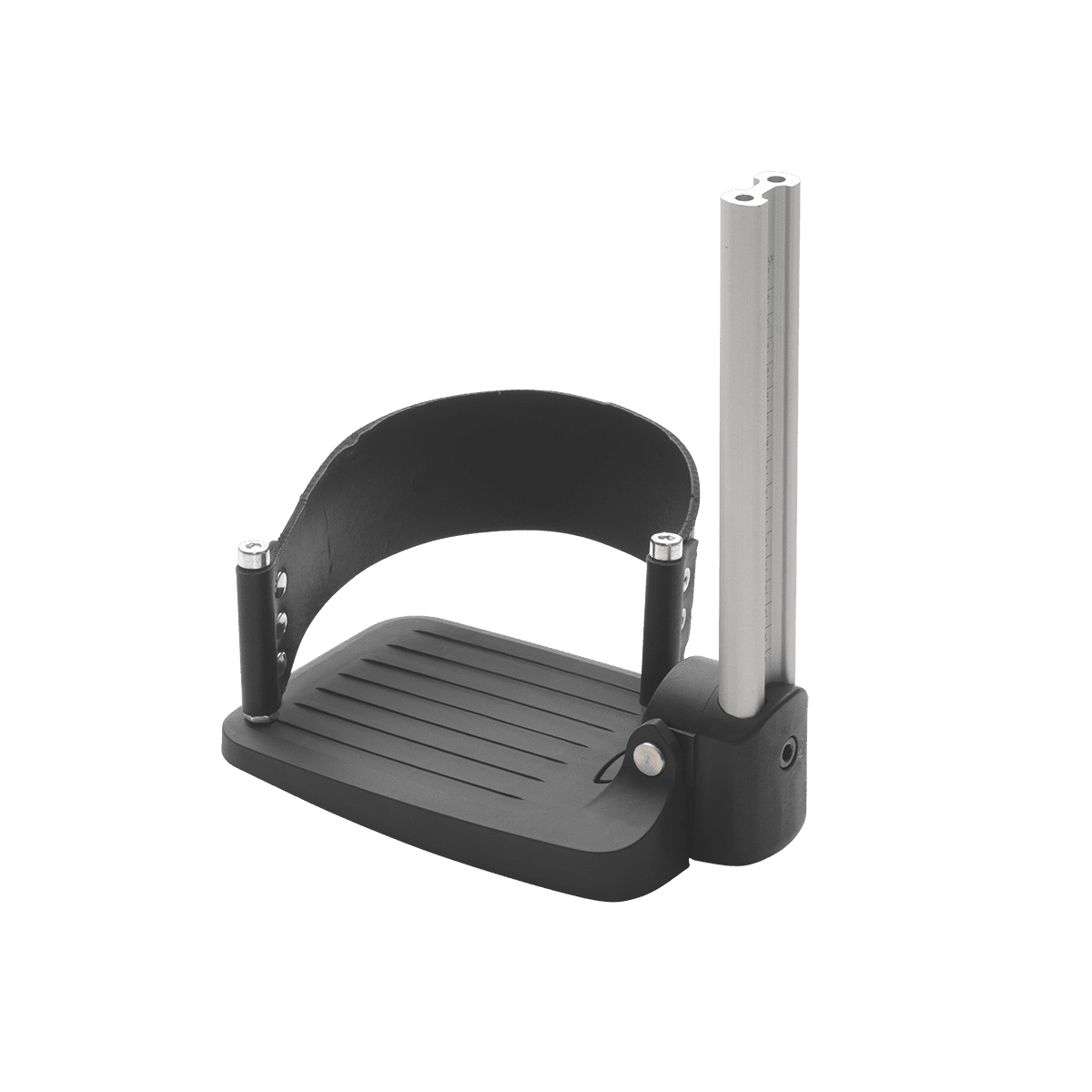 Dietz Rehab SEGO Comfort Seating System for Dietz Powered Wheelchairs 23 Younique Healthcare | Wheelchairs, Powerchairs, Ramps, Healthcare, Rehab, Mobility, Scooters in the West Midlands | 0121 630 3850 Heel support device with a black base and adjustable aluminium support pole.