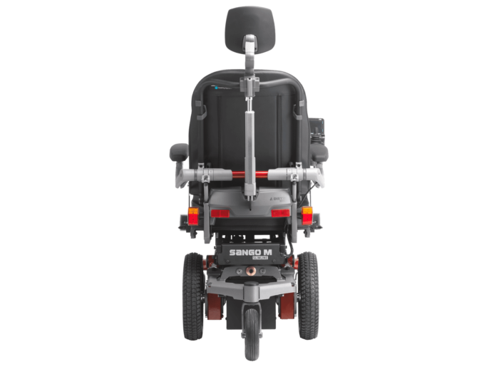 Rear view of the Sango M electric wheelchair with a black seat and headrest.