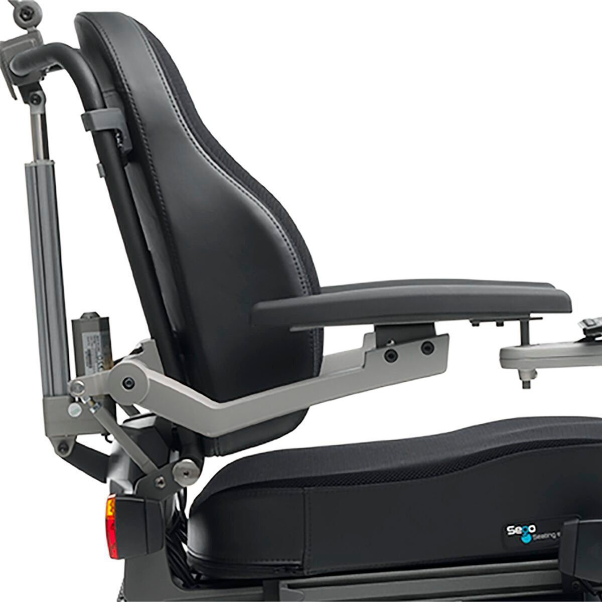 Dietz Rehab SEGO Comfort Seating System for Dietz Powered Wheelchairs 30 Younique Healthcare | Wheelchairs, Powerchairs, Ramps, Healthcare, Rehab, Mobility, Scooters in the West Midlands | 0121 630 3850 Side view of a SANGO advanced wheelchair seat with adjustable armrest and back support.