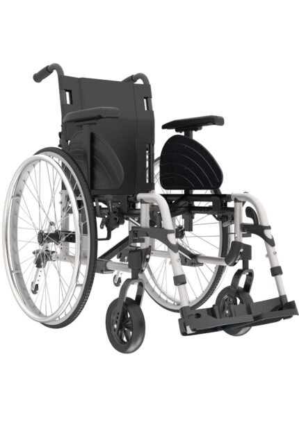 Manual wheelchair featuring a black seat and adjustable footrests with large rear wheels.