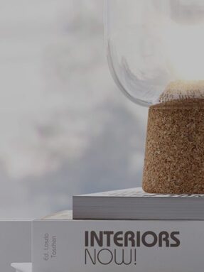 Table lamp featuring a cork base and a transparent glass shade, placed on top of books.