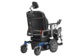 Electric wheelchair featuring a black seat, adjustable backrest, and control panel on the armrest.