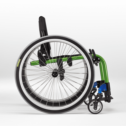 A side view of a green and blue paediatric wheelchair with large rear wheel and smaller front wheel.