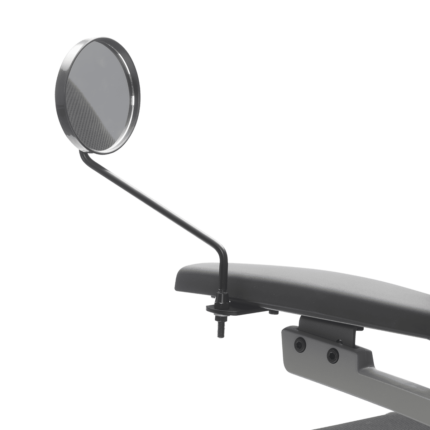 Adjustable mirror attached to the side of exercise equipment for viewing posture during workouts.