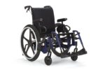 Manual wheelchair featuring a black seat and backrest with large rear wheels and footrests.