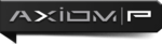 Logo of Axiom P featuring stylised text in grey and white on a black background.