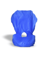 Blue chair cover designed for use with a moulded chair, featuring a central hole.