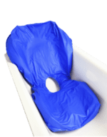 Blue bathing aid designed for use in a bath with a central opening.