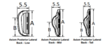 Technical drawing showing dimensions of Axiom Posterior Lateral Back in low, mid, and tall configurations.
