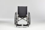 Black wheelchair with a simple design, featuring footrests and large rear wheels.