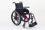 Lightweight purple wheelchair featuring adjustable footrests and large rear wheels.