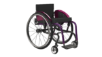 Lightweight wheelchair with a purple frame and black seat and backrest.