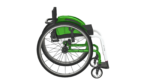 A green folding wheelchair with a lightweight frame and large rear wheels.