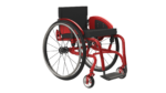 A red manual wheelchair featuring large rear wheels and smaller front casters.