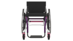 Manual wheelchair featuring a black seat and purple accents on the frame and wheels.