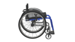A folding wheelchair featuring a grey seat and blue accents on the frame.