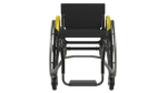 A black wheelchair with yellow accents, viewed from the front, featuring large wheels and a simple design.