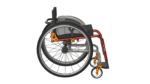 Side view of a folding wheelchair with orange accents and large wheels.