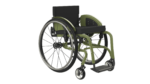 A green lightweight wheelchair with large rear wheels and footrests, designed for mobility.