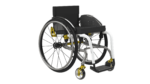 A manual wheelchair featuring a lightweight frame and adjustable seating for user comfort.