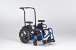 A blue and black wheelchair featuring adjustable seating and large rear wheels for mobility.