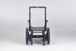 Rear view of a manual wheelchair featuring a black and blue frame with large wheels.