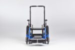 Folding wheelchair with a blue frame and black wheels, viewed from the front.