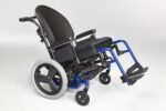 Manual wheelchair featuring a black seat and adjustable backrest with blue accents.