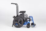 A blue and black folding wheelchair with large rear wheels and adjustable armrests.