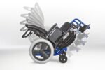 Focus CR tilt wheelchair with a blue frame and grey wheels, demonstrating tilt mechanism.