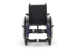 Manual wheelchair featuring a black seat and backrest, with large rear wheels and footrests.