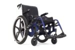 Manual wheelchair featuring a black seat and a blue frame with large rear wheels.