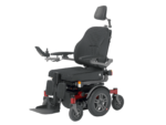 Electric wheelchair with a black seat and adjustable armrests and headrest.