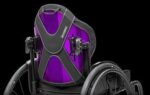 Purple backrest for a wheelchair with adjustable supports and a sleek design.