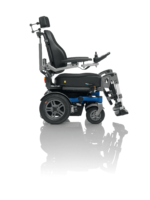 Side view of an electric wheelchair featuring adjustable seating and armrests.