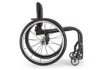 Right side view of a Rogue New Backrest wheelchair with a black frame and large wheels.
