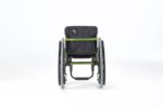 Rear view of a Rogue XP back wheelchair in charcoal grey with green accents.