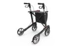 Black folding walker with four wheels, hand grips, and a storage basket.