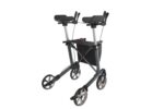 Grey rollator featuring armrests, a storage compartment, and four wheels for mobility assistance.