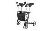 Grey walking frame with arm supports and a storage basket at the front.