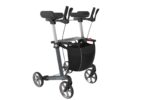 Grey walker with dual handles and a storage bag underneath, designed for mobility assistance.