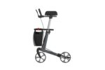 Grey walking aid with a seat, handlebars, and a storage bag attached.