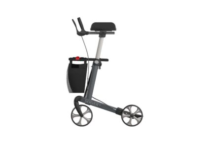 Grey walking aid with a seat, handlebars, and a storage bag attached.