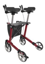 Red walking frame with arm supports and four wheels for mobility assistance.